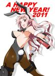  2011 animal_ears breasts bunny_ears bunny_tail bunnysuit dual_wielding gun handgun holding holster inue_shinsuke long_hair m1911 medium_breasts new_year original pantyhose pink_hair pistol pointy_ears sideboob solo tail thigh_holster trigger_discipline weapon 