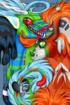  ambiguous_gender chinese_dragon entwined_tails green_eyes hug multicolored_hair oekaki red_eyes unknown_artist unusual_coloring 