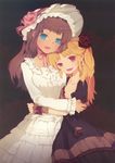  2girls :d absurdres aqua_eyes blonde_hair bonnet breasts brown_hair cleavage copyright_request dress earrings face flower hair_flower hair_ornament highres hug jewelry lolita_fashion multiple_girls open_mouth red_eyes smile tako_ashin tan 