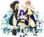  1girl 2boys black_hair blue_hair boots bracelet dress fairy_tail feathers gajeel_redfox gloves jewelry long_hair multiple_boys natsu_dragneel natsu_dragoneel piercing piercings pink_hair sandals short_hair tattoo vest wendy_marvel wendy_marvell 