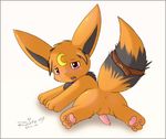  anus balls belt blush butt eevee feral lying male nintendo open_mouth pawpads paws penis plain_background pok&#233;mon pokemon pose presenting route9 solo spreading video_games 