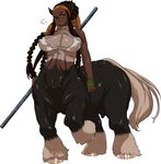  animal_ears bare_shoulders black_hair braid breasts breasts_apart centaur covered_nipples dark_skin eyeshadow horse_ears large_breasts lipstick long_hair makeup monster_girl nezunezu original pointy_ears solo staff toned weapon 