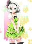  ahoge black_legwear bloomers blue_eyes blush dress embellished_costume frills green_dress hair_ribbon konpaku_youmu nagare open_mouth ribbon silver_hair solo thighhighs too_many too_many_frills touhou underwear v_arms 