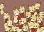  :o animal_ears bad_id bad_pixiv_id blonde_hair brown_background character_request chopsticks clenched_teeth closed_eyes copyright_request expressionless food fox_ears fox_tail ganesagi hakama highres japanese_clothes jitome kitsune long_sleeves looking_at_viewer multiple_girls multiple_persona obi open_mouth red_eyes sash simple_background tail teeth too_many wince 