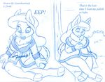  animaniacs bare_feet barefoot blue_and_white breasts comic english_text female guardianslade hindpaw lagomorph mammal minerva_bunny minerva_mink mink monochrome mustelid paws rabbit solo text toes transformation 