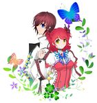  1girl asbel_lhant blue_eyes bow brooch brown_hair buckle bug butterfly cheria_barnes clover coat flower four-leaf_clover heart highres insect jewelry red_hair ribbon short_hair short_twintails simple_background smile tales_of_(series) tales_of_graces twintails yellow_eyes yuzu_koneko 