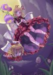  bad_id bad_pixiv_id blonde_hair bloomers blue_eyes blurry bow depth_of_field doll doll_joints dress flower flying from_below full_moon highres large_bow lily_of_the_valley medicine_melancholy moon moss_(sphere211) short_hair solo su-san touhou underwear wings 