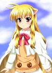  animal_ears blonde_hair blush bow buttons cosplay diesel-turbo dog_days dog_girl fate_testarossa long_hair lyrical_nanoha mahou_shoujo_lyrical_nanoha mizuki_nana red_eyes ricotta_elmar ricotta_elmar_(cosplay) seiyuu_connection smile solo 