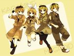 2girls anzu_(o6v6o) bad_id bad_pixiv_id blonde_hair blue_eyes brother_and_sister genderswap genderswap_(ftm) goggles goggles_around_neck goggles_on_head gumi gumiya hair_ornament hair_ribbon hairclip holding_hands kagamine_len kagamine_rin locked_arms multiple_boys multiple_girls pantyhose ribbon short_hair shorts siblings sleeves_rolled_up smile twins vocaloid yellow_eyes 