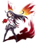  akemi_homura black_hair black_hairband fiery_wings fire hairband highres kamen_rider kamen_rider_ooo kamen_rider_ooo_(series) long_hair magical_girl mahou_shoujo_madoka_magica nagisa_honoka pantyhose parody purple_eyes shadow shield skirt solo taja_spinner wings 