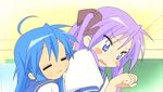  animated animated_gif blue_eyes blue_hair blush clenched_teeth fickt_euch fondle gif groping hiiragi_kagami izumi_konata long_hair lucky_star molestation molesting purple_hair school_uniform teeth tsundere twintails yuri 