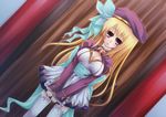  bad_id bad_pixiv_id beret blonde_hair bow breasts cleavage garter_belt hair_bow hat koihime_musou large_breasts long_hair older purple_eyes shokatsuryou solo thighhighs tomcho zettai_ryouiki 