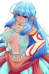  ahoge armlet bad_id bad_pixiv_id blue_hair bodypaint breasts collarbone detached_sleeves earrings elf hands_on_hips jewelry konoe_(roaroaroa) large_breasts long_hair navel necklace original pointy_ears red_eyes simple_background skirt smile solo 