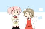  brown_hair comparison creator_connection crossover hair_ribbon hidamari_sketch kaname_madoka mahou_shoujo_madoka_magica mitakihara_school_uniform multiple_girls pink_hair ribbon sayurishu school_uniform short_hair short_twintails twintails yuno ||_|| 