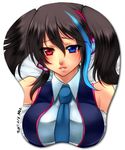  bad_id bad_pixiv_id black_hair blue_eyes blue_neckwear blush breast_mousepad breasts detached_sleeves face headset heterochromia large_breasts lips mousepad multicolored_hair necktie nez-doll open_mouth red_eyes signature solo twintails utau yokune_ruko 