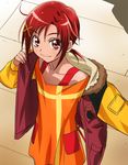  casual haruyama_kazunori hino_akane_(smile_precure!) jacket looking_at_viewer orange_shirt precure red_eyes red_hair shirt short_hair smile_precure! solo 