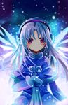  angel_beats! blue_hair coat earmuffs ji_yu long_hair mittens purple_eyes solo tenshi_(angel_beats!) wings winter_clothes 