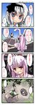  4koma animal_ears blush bunny_ears check_translation comic highres katana konpaku_youmu multiple_girls nanaroku_(fortress76) reisen_udongein_inaba sword touhou translated translation_request weapon 