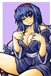  alternate_costume anastasia_valeria bispora blue_hair blush breasts japanese_clothes kimono large_breasts long_hair mole one_eye_closed open_clothes red_eyes short_kimono sidelocks sitting smile solo twintails wild_arms wild_arms_2 