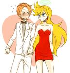  1girl blonde_hair blush bow bowtie brief_(psg) couple dress earrings freckles halo heart hetero holding_hands jewelry long_hair orange_hair panty_&amp;_stocking_with_garterbelt panty_(psg) red_dress skirt tuxedo 