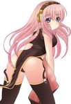  armband ass bad_id bad_pixiv_id black_legwear black_panties blue_eyes blush boots dress embarrassed from_behind garter_straps headphones highres leaning_forward long_hair looking_back megurine_luka panties pantyshot pantyshot_(standing) pink_hair shiny shiny_hair simple_background solo sparkle spread_legs standing star thighhighs underwear very_long_hair vocaloid yukino_kureyon 