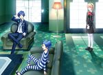  2boys aegis_(persona) android blonde_hair blue_eyes blue_hair bow bug butterfly chair child couch digital_media_player easy_chair headphones insect koremi2 multiple_boys persona persona_3 pharos ribbon school_uniform short_hair smile yuuki_makoto 