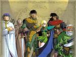  5boys 90s armor axe beard black_hair blonde_hair cape cloak deedlit elf etoh facial_hair ghim jpeg_artifacts long_hair multiple_boys non-web_source parn pointy_ears record_of_lodoss_war slayn smile staff sword weapon white_hair woodchuck 