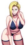  1girl adjusting_hair android_18 bare_shoulders black_bra black_thong blonde_hair blue_eyes bra breasts curvy dragon_ball dragonball dragonball_z game_cg ichijiku large_breasts legs lingerie looking_at_viewer panties short_hair simple_background smile solo standing thighhighs thighs thong underwear 