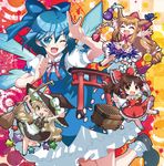  bow broom chain cirno closed_eyes gourd hair_bow hakurei_reimu hat highres horns ibuki_suika kirisame_marisa multiple_girls one_eye_closed oni shike_naoto torii touhou wings witch_hat 