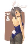  2011 animal_ears ass bare_shoulders blush brown_eyes brown_hair bunny_ears bunny_tail bunnysuit fishnet_pantyhose fishnets from_behind highres kou_(garakuta_teikoku) looking_back pantyhose short_hair solo strike_witches tail takei_junko world_witches_series 