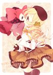  blonde_hair brown_hair charlotte_(madoka_magica) drill_hair fingerless_gloves gloves hair_ornament hat heart kiss long_hair mahou_shoujo_madoka_magica moriyama_shijimi nose_kiss profile romaji star thighhighs tomoe_mami zettai_ryouiki 