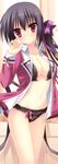 :o absurdres bell black_hair blush bow bra breasts fujimaru_mikoto hair_bow hair_ribbon highres jingle_bell kisaragi_gold_star lingerie long_hair long_image looking_at_viewer medium_breasts midriff navel no_pants open_bra open_clothes open_shirt panties red_eyes ribbon shirt side_ponytail solo stick_poster tall_image toranosuke underwear unfastened 