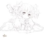  bow choker ephtracy gloves greyscale hair_bow highres jewelry kaname_madoka legs_up lineart lying mahou_shoujo_madoka_magica monochrome on_stomach pendant puffy_sleeves shoes short_hair short_twintails skirt solo twintails 