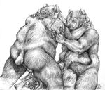  bear blotch canine chubby dog fat gay greyscale group group_sex male mammal monochrome obese oral overweight penetration plain_background sex spitroast threesome two white_background 