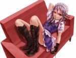  boots bow braid clock couch dress face gloves hair_bow highres izayoi_sakuya knife kurione_(zassou) legs lying maid_headdress mouth_hold pocket_watch purple_hair red_eyes solo touhou twin_braids watch 