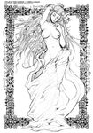  art_nouveau breasts contrapposto flower greyscale limha_lekan long_hair medium_breasts monochrome nipples original solo standing 