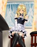  apron bar_stool bare_shoulders black_legwear blonde_hair blue_eyes curtains elbow_gloves gloves k2isu legs maid maid_headdress original sitting smile solo stool thighhighs waist_apron window zettai_ryouiki 