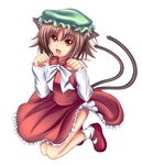  animal_ears brown_eyes brown_hair cat_ears cat_tail chen earrings fang hat jewelry jumping koyake multiple_tails open_mouth paw_pose short_hair smile solo tail touhou 