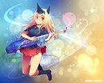  blonde_hair boots darius darius_burst great_thing instrument jumping kara_(color) keytar long_hair no_panties pleated_skirt red_eyes silver_hawk skirt solo ti2 