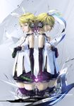  back-to-back bare_shoulders black_legwear blonde_hair blue_eyes blush detached_sleeves dual_persona elbow_gloves fingerless_gloves gloves hair_ornament hair_ribbon hairclip hand_on_own_chest headphones heart highres holding_hands kagamine_rin kagamine_rin_(append) kokoro_(vocaloid) md5_mismatch multiple_girls redjuice ribbon short_hair thighhighs vocaloid vocaloid_append zettai_ryouiki 