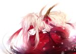  1girl bad_id bad_pixiv_id blindfold blonde_hair closed_eyes coat dress hair_ribbon horns hug hug_from_behind pixiv_fantasia pixiv_fantasia_5 red_blindfold red_coat red_dress ribbon shell_(shell518) smile twintails 