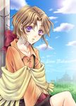  androgynous bow brown_hair cloud day fringe_trim grass hair_ribbon linne_(254623) lowres male_focus orange_shirt poncho purple_eyes ribbon shirt shorts sitting sky solo tim_rhymeless wild_arms wild_arms_2 