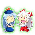  bottle chibi closed_eyes fujiwara_no_mokou gomi_ichigo kamishirasawa_keine multiple_girls smile touhou 