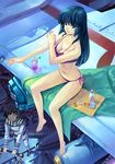  1girl =_= aircraft airplane barefoot bikini black_hair breasts brown_hair cao-cao choujikuu_yousai_macross cleavage feet good_end ichijou_hikaru large_breasts legs lips long_hair long_legs lynn_minmay macross macross:_the_first mecha military military_uniform missile shiny shiny_skin side-tie_bikini smile swimsuit thighs u.n._spacy uniform vf-1 