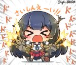  &gt;o&lt; 1girl agano_(kantai_collection) asimo953 asymmetrical_legwear bangs belt black_hair blush breasts cannon chibi commentary_request eyebrows_visible_through_hair firing flight_deck garter_straps gloves hair_between_eyes holding kantai_collection long_hair machinery miniskirt necktie open_mouth pleated_skirt red_skirt rigging sailor_collar school_uniform serafuku simple_background single_thighhigh skirt sleeveless smile solo standing thighhighs turret very_long_hair white_background white_gloves 
