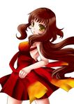  bare_arms belial_(wild_arms) brown_hair cocopazu long_hair looking_at_viewer red_skirt ribbon simple_background skirt solo white_background wild_arms wild_arms_4 yellow_eyes 