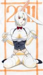  2011 animal_ears bow bowtie breasts bunny_ears cleavage garter_belt garters gorigo highres large_breasts original panties red_eyes side-tie_panties solo thighhighs traditional_media underwear underwear_only white_hair white_legwear white_panties wrist_cuffs 