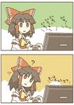  2koma ? bow brown_eyes brown_hair comic commentary_request controller detached_sleeves game_controller hair_bow hakurei_reimu head_tilt lowres natsue playing_games touhou 