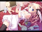  1girl allegretto_(pixiv) animal_ears artist_request bed black_legwear black_thighhighs blonde_hair blue_eyes breasts bunny bunny_ears bunnygirl bunnysuit cleavage dress female hair_ribbon large_breasts long_hair lying off_shoulder open_mouth original ribbon solo stuffed_animal stuffed_toy thighhighs thighs white_dress 