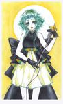  bug butterfly crayon_(medium) dress eyelashes eyeshadow gloves green_hair gumi hisekai insect jewelry lips lipstick magnet_(vocaloid) makeup marker_(medium) microphone microphone_stand pale_skin short_hair signature sleeveless solo traditional_media vocaloid 